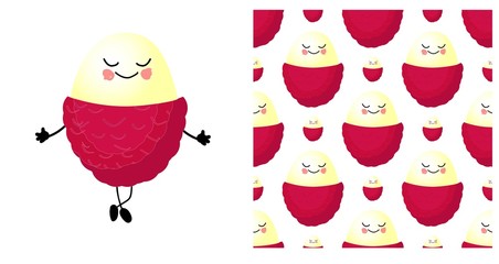 Fruits and vegetarianism. Lychee character. Tropical fruit. Seamless pattern. illustration.