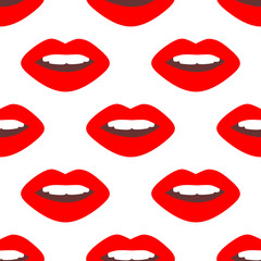 Seamless pattern made from flat red open lips. Isolated on white background. Vector stock illustration.