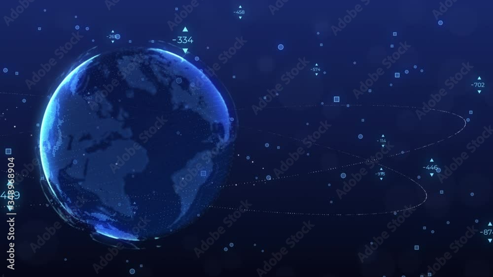 Poster world map globe rotating with particle ring binary code fly around technology futuristic concept background