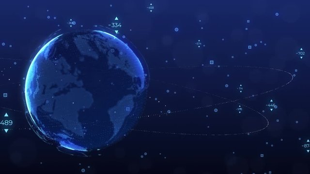 world map globe rotating with particle ring binary code fly around technology futuristic concept background