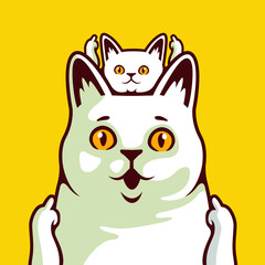 Smiling Happy Face Cute White Cat and Kitten Stares Showing Middle Finger Sign Symbol Together Vector Illustration - Vector