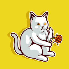 Sad White Cat Holding Red Rose Showing Middle Finger Sign Vector Illustration - Vector