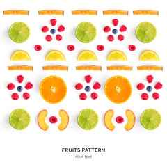 Seamless pattern with orange, lemon, melon, pear, blueberry, raspberry and lime. Tropical abstract background. 