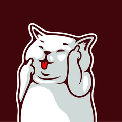 Happy Face White Cute Cat Animal With Tongue Out Showing Fuck You Hand Gesture Vector Illustration - Vector