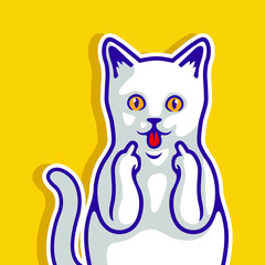 Happy Face White Cat Showing Fuck You With Yellow Background Vector Illustration - Vector