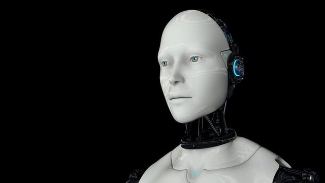 Futuristic humanoid robot turns on and raises its head. Artificial intelligence. The camera flies around. On a black background. 4K. 3D animation.