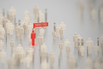 Infected person amid a large crowd in a public space. Digital 3D render concept.