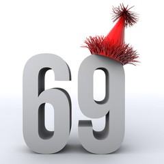 3D illustration of number 69 wearing a party hat