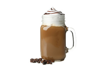 Iced coffee with poured cream isolated on white background