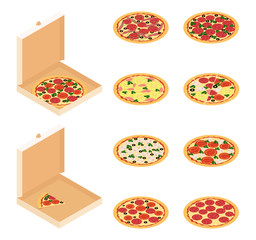 Isometric vector illustration of pizza. pizza in a box and without with different options for ingredients. fast food isolated on a white background.      