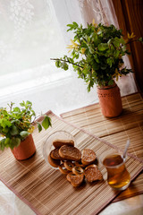 black tea on   table with breadcrumbs.