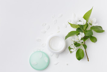Eco cosmetic. Cream made from natural ingredients. Top view, flat lay, white background. Natural organic beauty cosmetics spa concept.