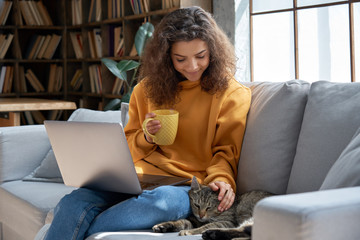 Happy relaxed hispanic teen girl student or freelancer relaxing sitting on couch holding laptop on lap working studying from home drinking tea, playing with cute pet cat in cozy sunny room on sofa.