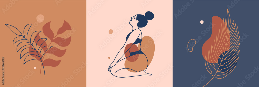 Aufkleber Vector set of design templates and illustrations in minimal linear style - minimalistic modern art - Beautiful female figure and leaves - abstract t-shirt print  - beauty and fashion concept