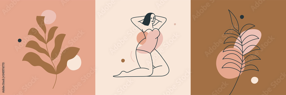 Aufkleber Vector set of design templates and illustrations in minimal linear style - minimalistic modern art - Beautiful female figure and leaves - abstract t-shirt print  - beauty and fashion concept
