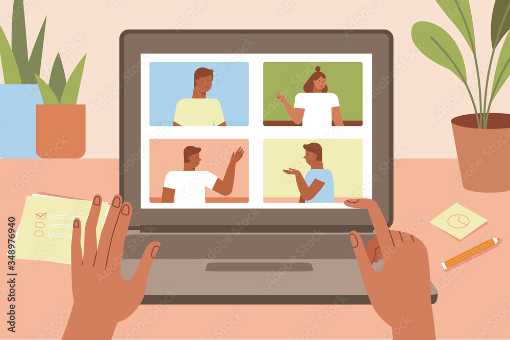Poster vector illustration in simple flat style with characters - collective video conference and online gr