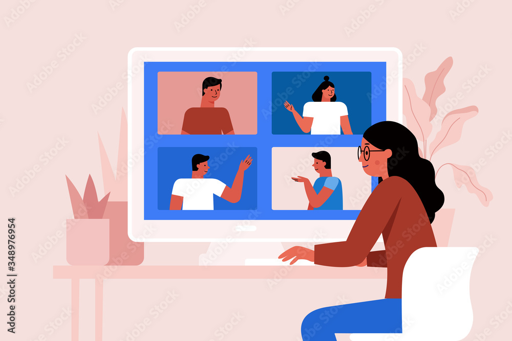 Poster vector illustration in simple flat style with characters - collective video conference and online gr