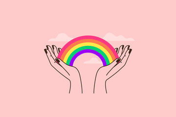 Vector illustration in flat simple linear style - hand and pride LGBT rainbow heart - lesbian gay bisexual transgender love
