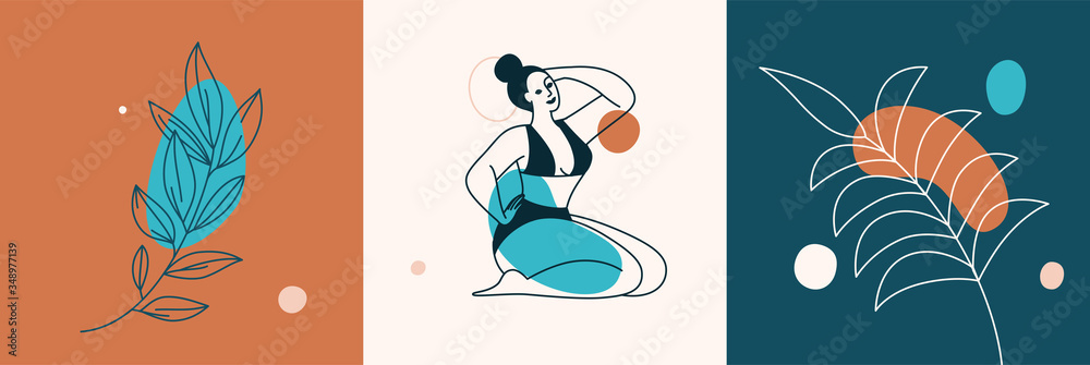Aufkleber Vector set of design templates and illustrations in minimal linear style - minimalistic modern art - Beautiful female figure and leaves - abstract t-shirt print  - beauty and fashion concept