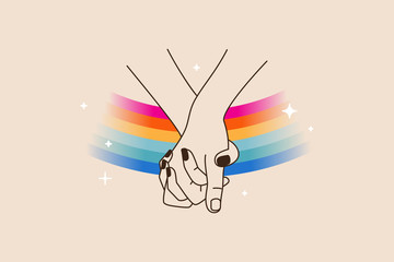 Vector illustration in flat simple linear style - hand and pride LGBT rainbow heart - lesbian gay bisexual transgender love concept