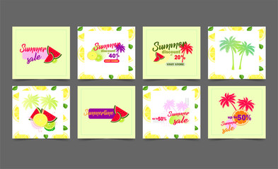 summer instagram post collection. Vector seth instagram template post summer discounts and sales collection with fruits and tropical plants.