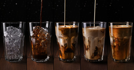 Coffee collage. Set with different stages of Iced coffee with milk in tall glass on dark...