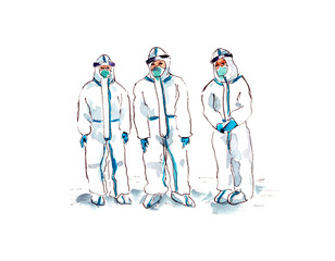 Hand-drawn watercolor illustration: image of a group of doctors in medical protective suits against a viral infection.