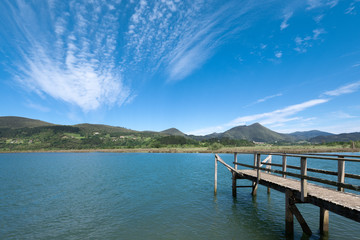 Wooden pier of Murueta in Urdaibai biosphere reserve, Basque Country, Spain