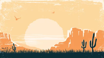 Keuken achterwand Beige West-Amerikaanse woestijn natuur achtergrond. Vintage vector Arizona prairie landschap met cactussen op oud papier textuur background  © GeraKTV