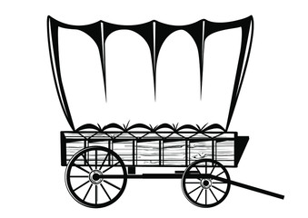 Wild west covered wagon black silhouette. Vector Western color illustration isolated on white  - obrazy, fototapety, plakaty