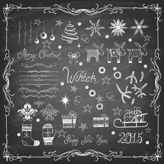 Set of Christmas icons and decorative elements on blackboard. Vector illustration. 