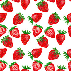 Strawberry on a white background. Fruit seamless pattern design for wallpaper, paper, textile, fabric.