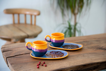 turkish coffee in colorful handmade ceramic cups	