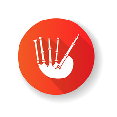Bagpipes red flat design long shadow glyph icon. National scottish musical instrument. Traditional music live perfomance. Play tune on english bag pipe. Silhouette RGB color illustration