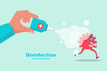 Man holds a bottle of antiseptic spray. Antibacterial flask kills bacteria. Disinfectant concept. Vector illustration flat design. Isolated on white background. Coronavirus covid-19 protection.