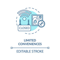 Limited conveniences turquoise concept icon. Country living inconvenience. Long distance. Village life idea thin line illustration. Vector isolated outline RGB color drawing. Editable stroke