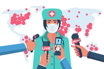 Press interview with medical doctor. Medical Conference. Doctor in a protective mask reporting. Journalists in a meeting with medicine. Vector flat design. Coronavirus Prevention Information covid-19