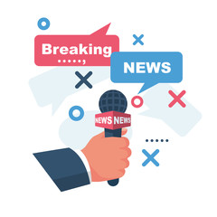 Breaking news template. Journalist in hand holding microphone. Template live news. Concept interview. Vector illustration flat design. Isolated on background. Search for information and hot news.