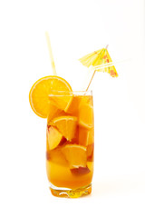 Close up orange cooler cocktail with drinking straw on white background
