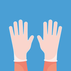 Obraz premium Hands putting on protective white transparent gloves. Latex gloves as symbol of protection against viruses and bacteria. Precaution icon. Vector illustration flat design. Isolated on blue background.