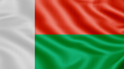 Flag of Madagascar. Realistic waving flag 3D render illustration with highly detailed fabric texture.
