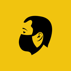 Black icon man in a medical mask. Face mask silhouette. Close up pictogram young man in protective respiratory mask. Vector illustration flat design. Isolated on background.