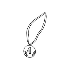 Medal for first place on the tape. Black and white vector illustration of a medal close-up on a white background. Isolated object for printing, postcards.
