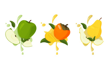 Set of fresh fruits with splashes. Persimmon, apple and pear with green leaves.