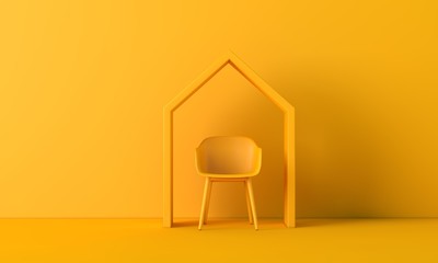 Working from home concept office chair under a house shape. 3D Rendering