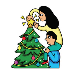 couple are decorating a christmas tree cartoon