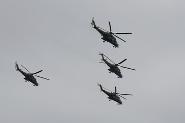 Fototapeta na wymiar Mi-35 m attack helicopter gunships during the parade dedicated to the 75th anniversary of victory In the great Patriotic war