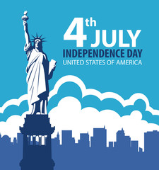 Vector banner on the theme of the 4th of July, USA Independence Day. Decorative illustration or greeting card with the statue of liberty against the backdrop of American skyscrapers © paseven