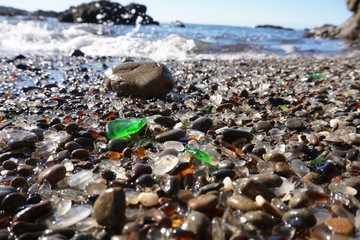 Close up of sea glass at glass beach in fort bragg california