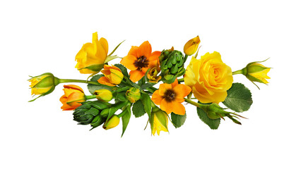 Orange ornithogalum flowers and yellow roses in a floral arrangement